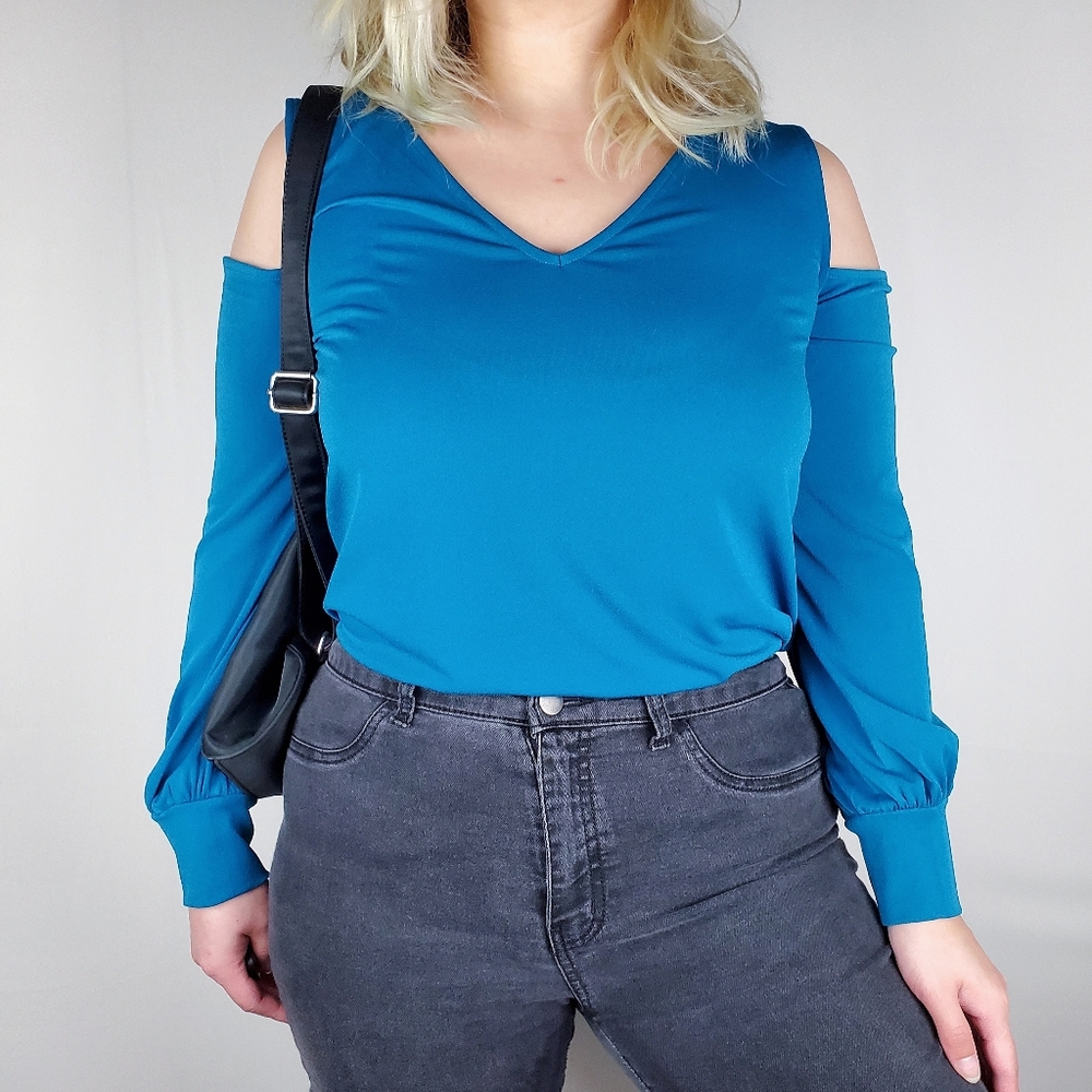 Express Teal Blue Cold Shoulder V-neck